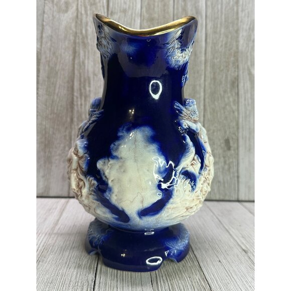 Vtg Colbalt Blue Cherub Porcelain Pitcher Gold Accent Trim Handle Italy 9" Tall - Picture 5 of 10